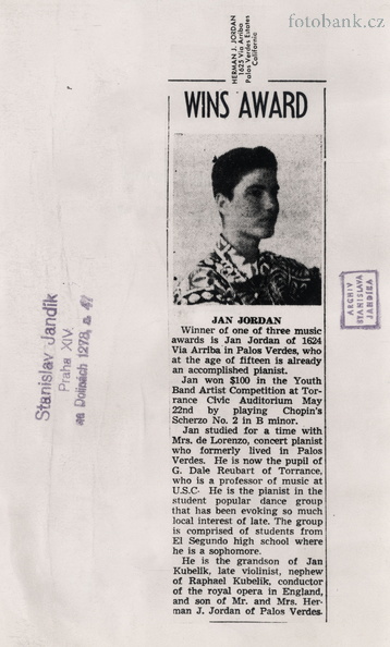 Novinový výstřižek: Jan Jordan zvítězil v hudební soutěži, vnuk Jana Kubelíka JK000310.jpg