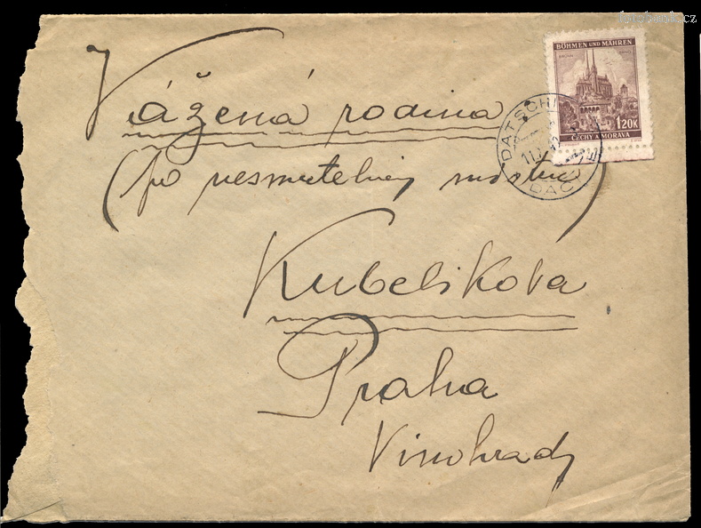 Obálka kondolenčního dopisu, 1940, protektorát Böhmen und Mähren Obálka dopisu Kubelíkovým 10. 2. 1936 JK000294.jpg