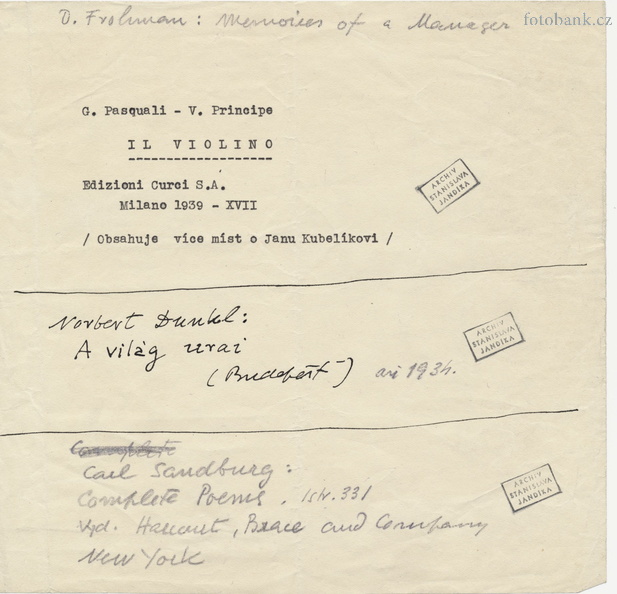 Rešerše Stanislava Jandíka ke knize o Janu Kubelíkovi. Názvy knih o houslích JK000381.jpg