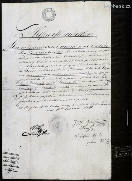 Mistrovské vysvědčení krejčího Jana Kubelíkova z Neveklova, 1851 Mistrovské vysvědčení Jana Kubelíka, z Neveklova, krejčí, datum: JK000457.jpg